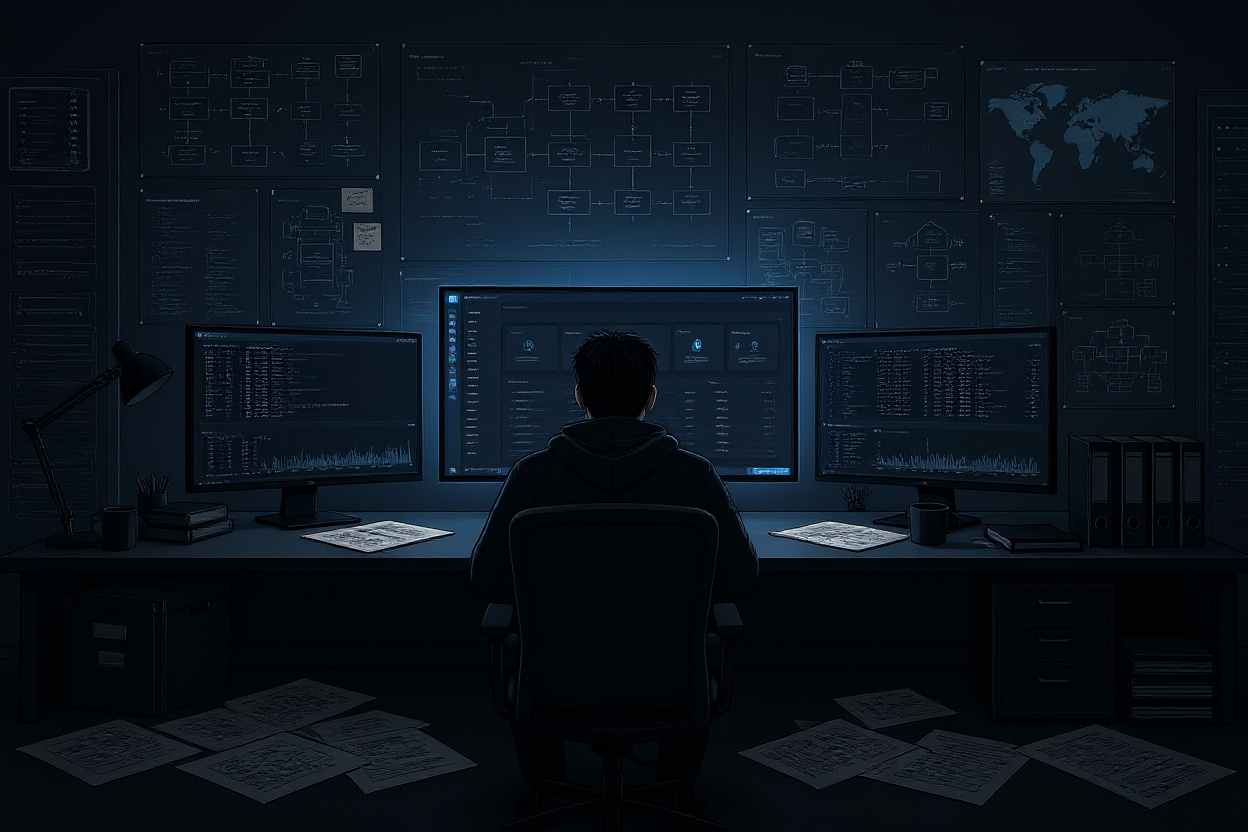 A systems engineer at a multi-monitor desk, surrounded by printed landscape diagrams and architecture schematics